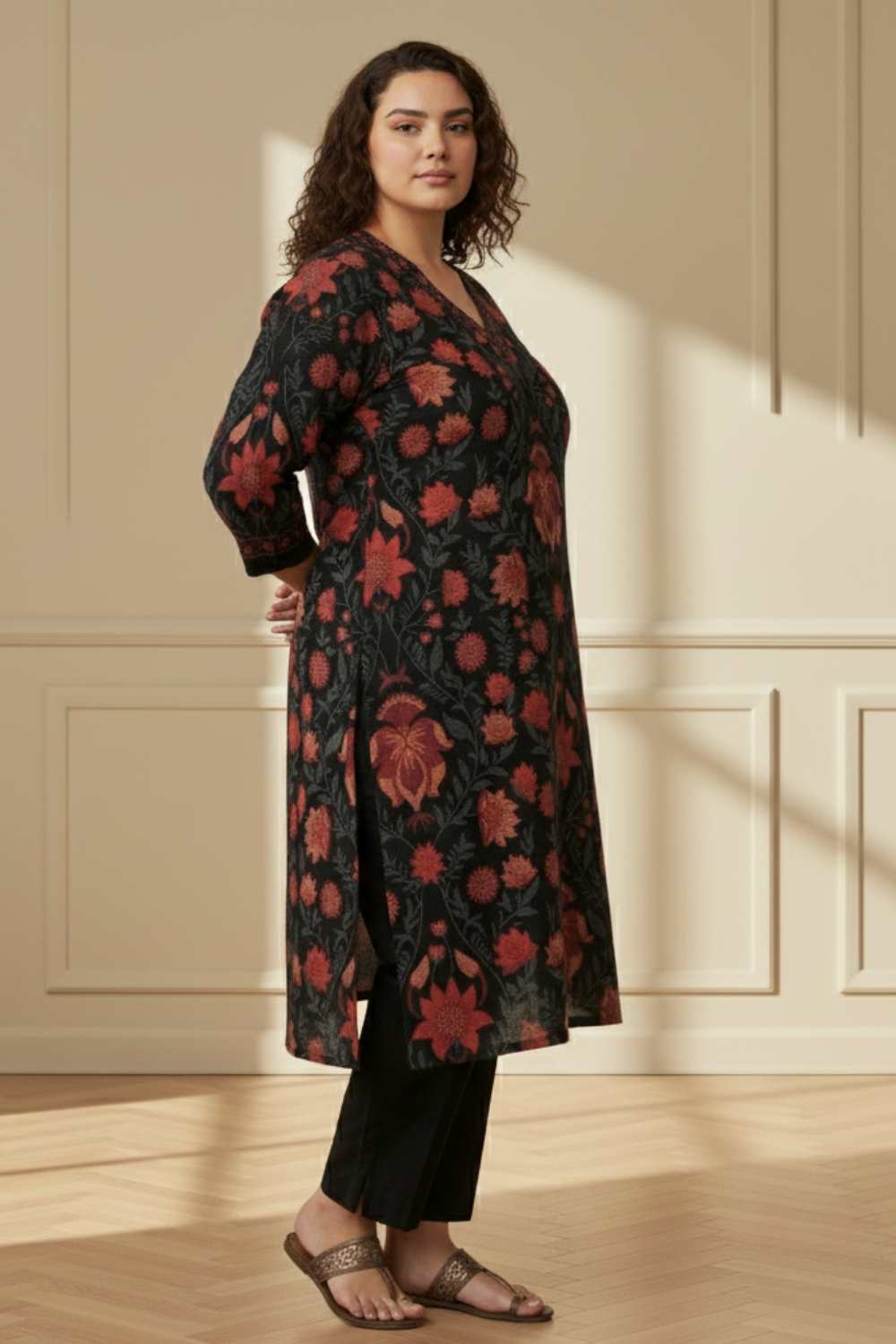 Comfortable Plus Size Black Red Floral SnugWeave™ Winter Kurta