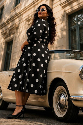 Plus Size Black Polka Print Rayon Midi Dress