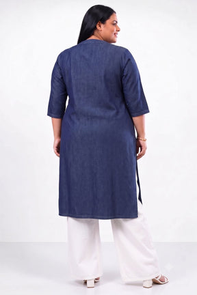 Plus Size Denim Cotton V-Neck Kurta