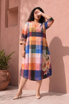 Plus Size Floral Check Printed A-Line Midi Dress