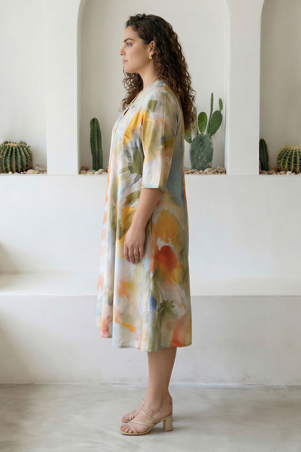 Comfortable Plus Size Pastel Abstract Print Cotton Midi Dress