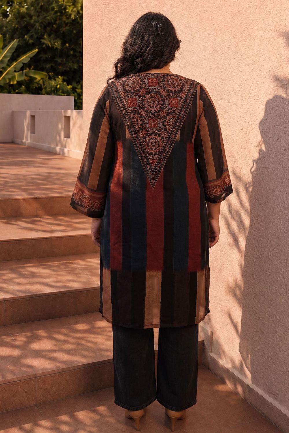 Comfortable Plus Size Striped Printed Straight Georgette Kurta