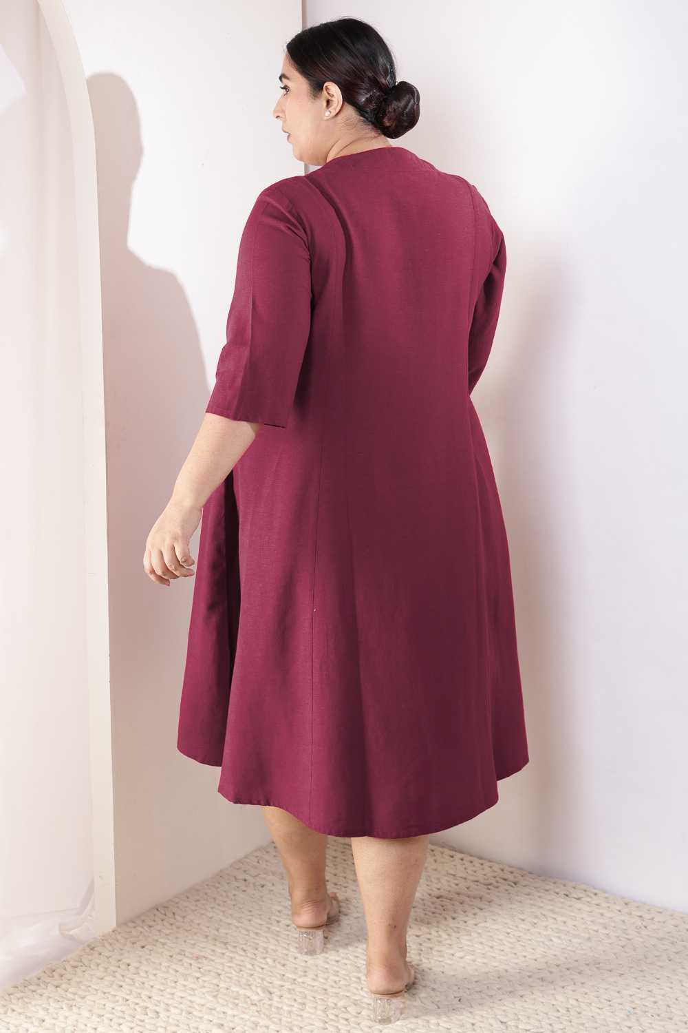 Plus Size Wine Cotton Linen Midi Dress