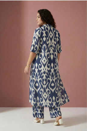 Plus Size Blue White Printed Coord Set