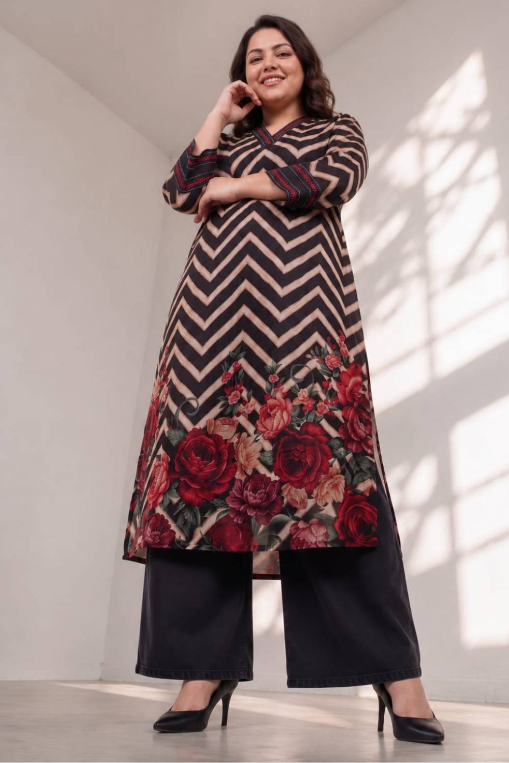 Comfortable Plus Size Black Rose Chevron Print Kurta Satin Georgette Kurta