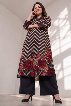 Plus Size Black Rose Chevron Print Kurta Satin Georgette Kurta