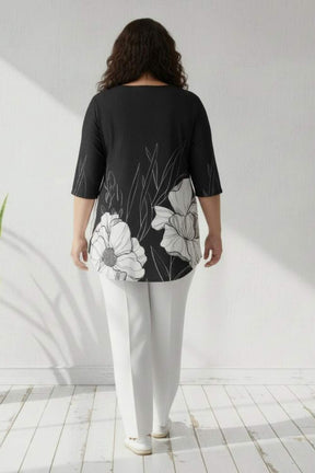 Plus Size Black White Floral Print Centre Pleat Top