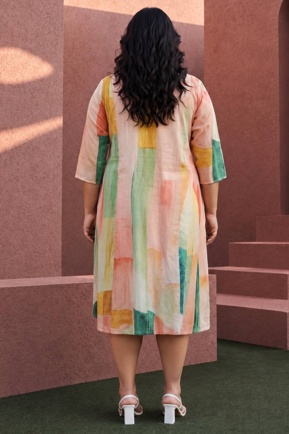 Plus Size Multicolor Abstract Printed A-Line Midi Dress