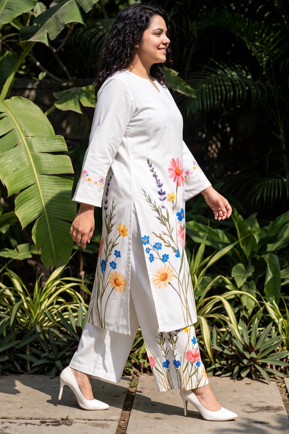 Comfortable Plus Size White Floral Print Cotton Coord Set