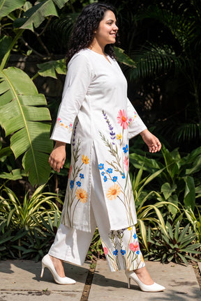 Plus Size White Floral Print Cotton Coord Set