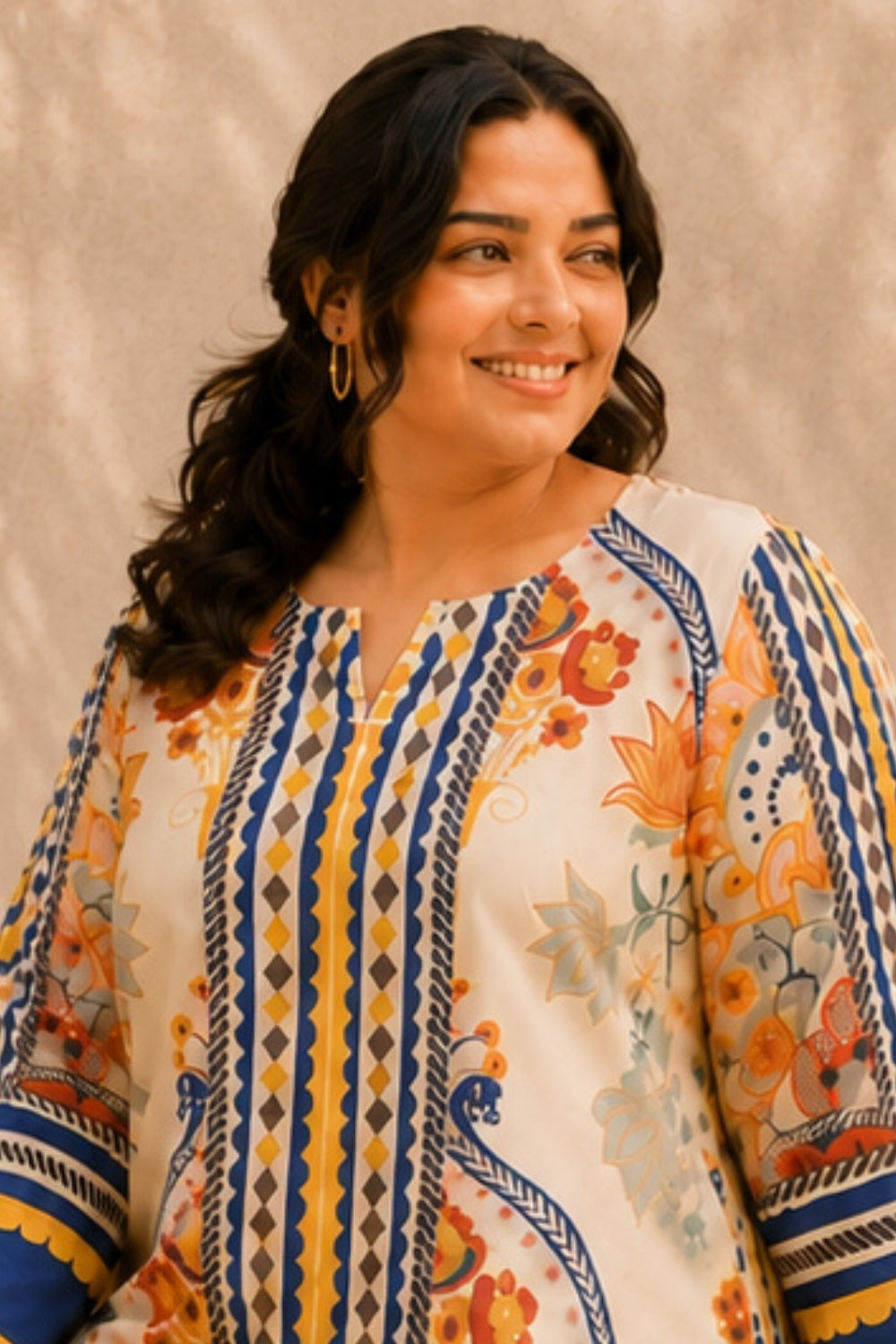 Comfortable Plus Size Beige Ethnic Floral Print Cotton Kurta