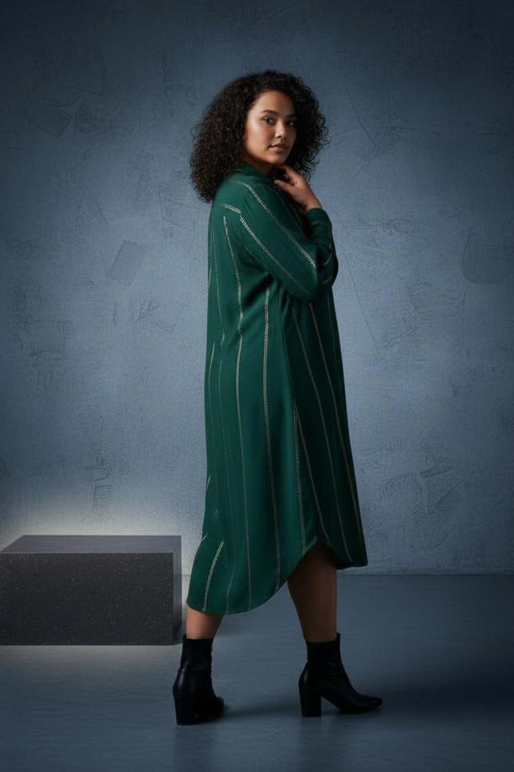 Plus Size Emerald Green Golden Pin Striped Shirt Dress