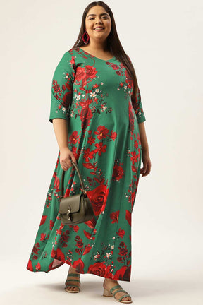 Plus Size Ditsy Green Red Floral Dress