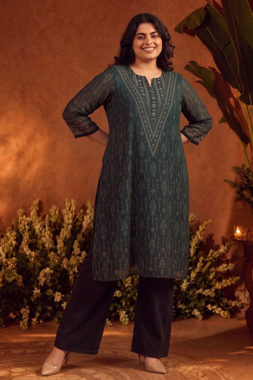 Plus Size Emerald Heritage Printed Straight Georgette Kurta