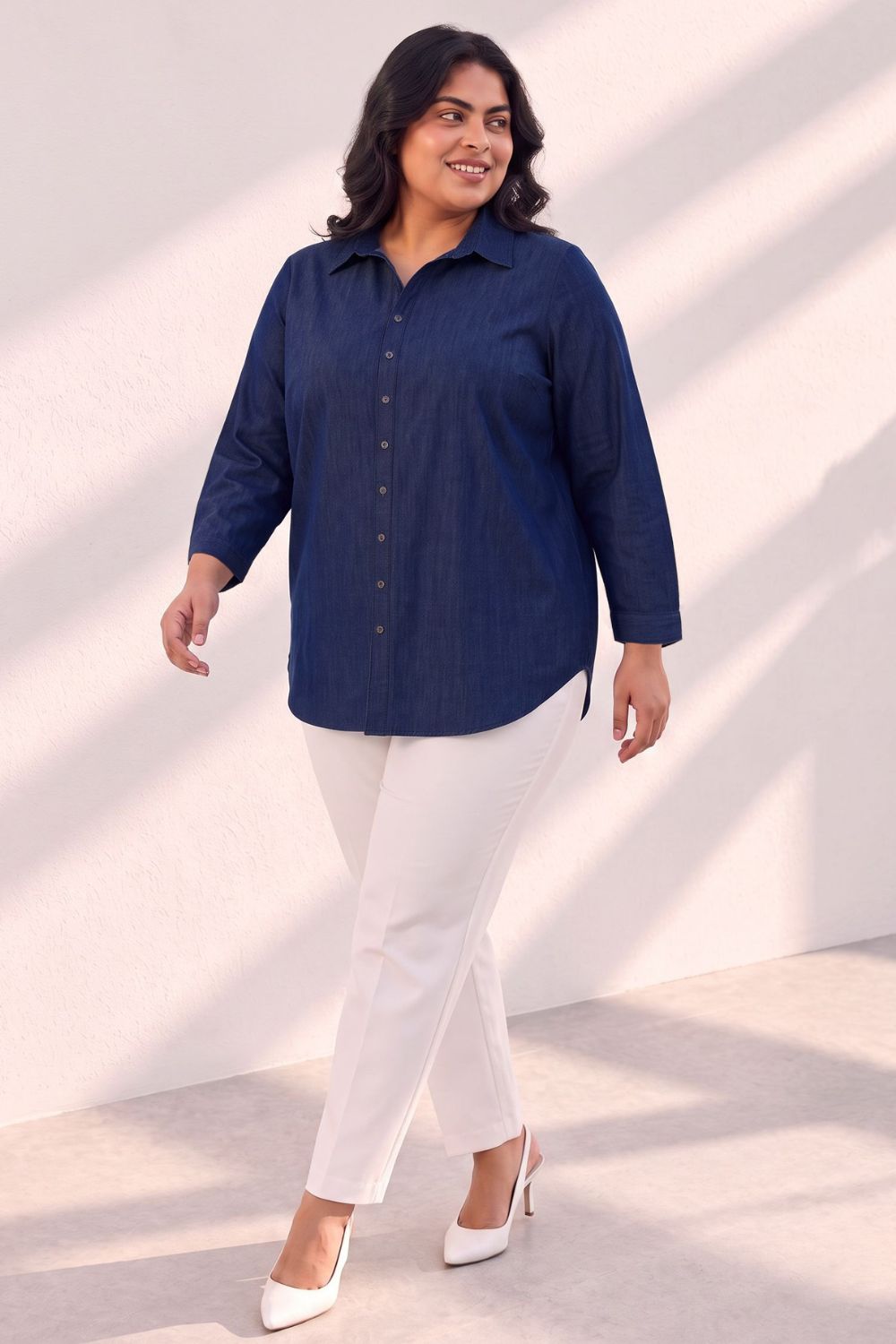 Plus Size Indigo Blue Denim Cotton Shirt for Women