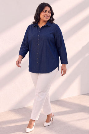 Plus Size Indigo Blue Denim Cotton Shirt