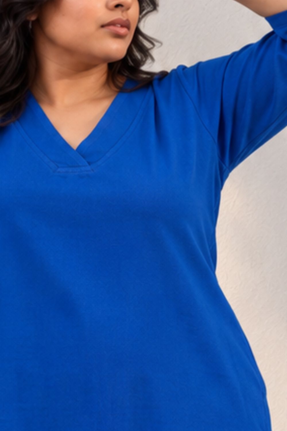 Comfortable Plus Size SoftEase V Neck Blue Cotton Kurta