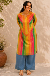 Plus Size Multicolor Abstract Print Cotton Kurta