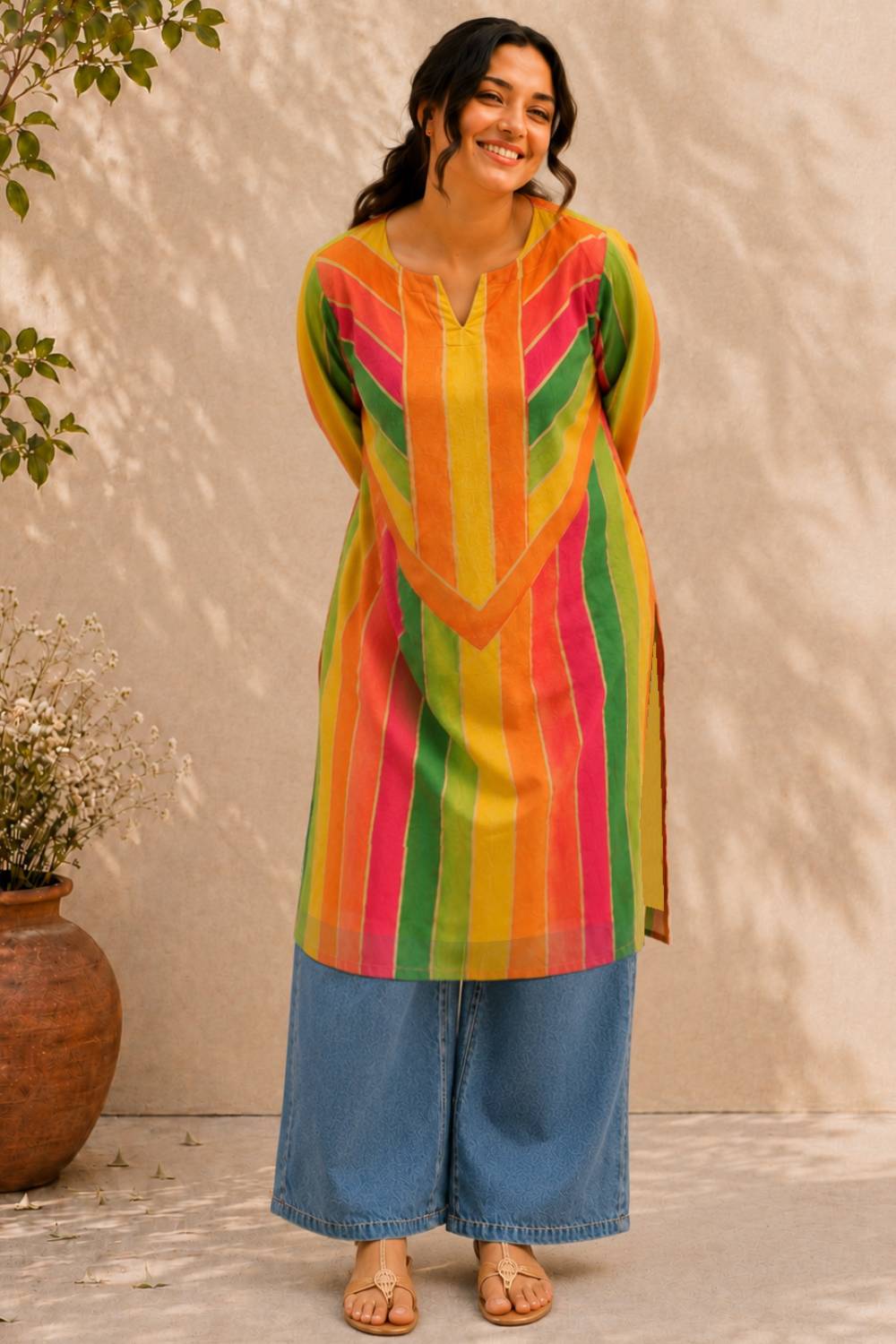 Plus Size Multicolor Abstract Print Cotton Kurta