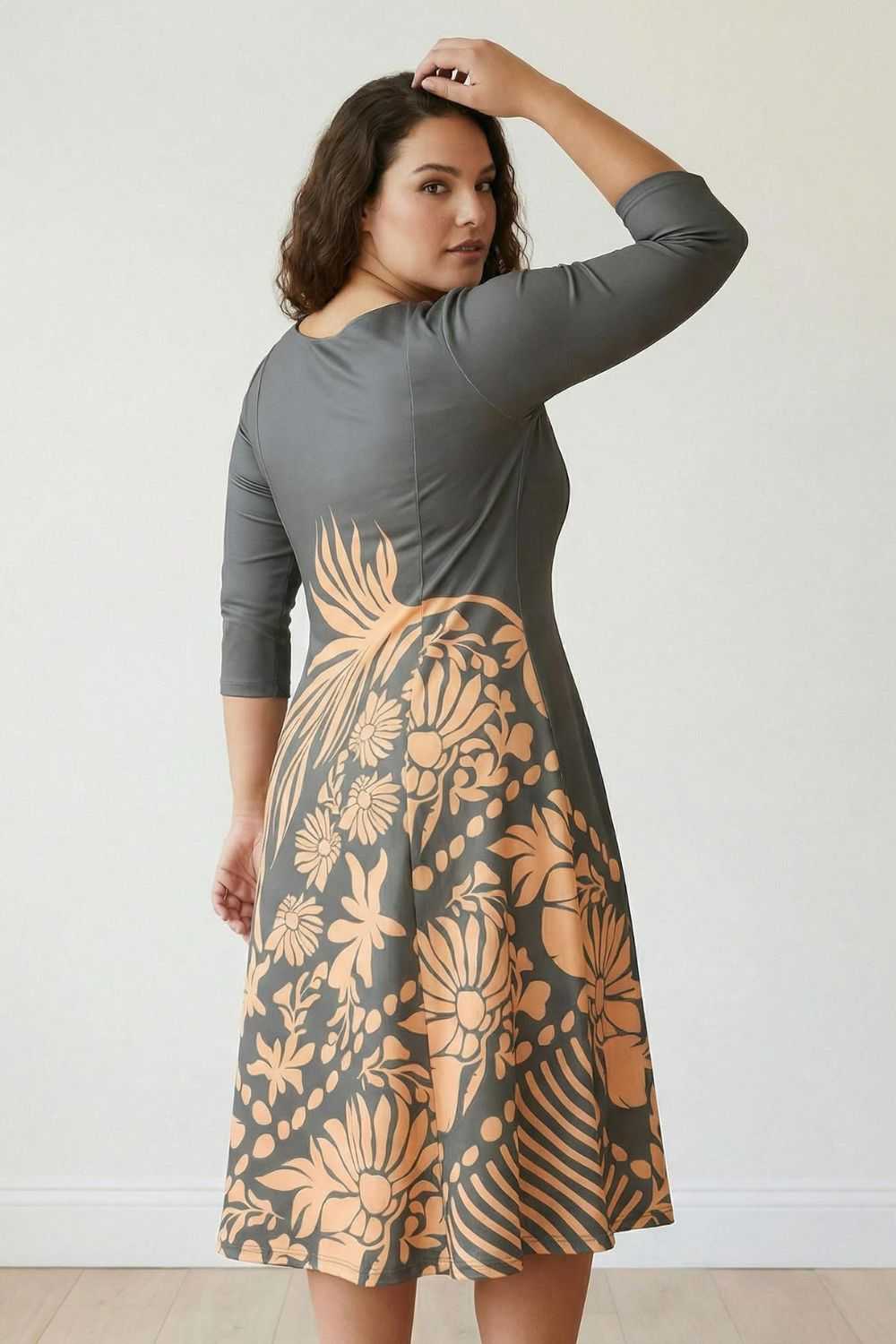 Plus Size Beige Green Ethnic Print A line Dress for Women