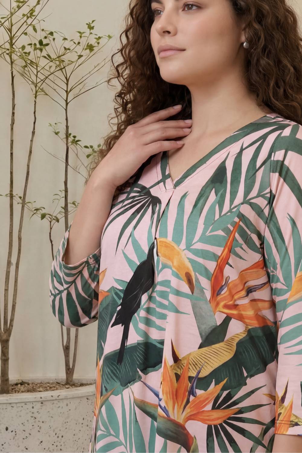 Comfortable Plus Size Pink Tropical Print Centre Pleat Top