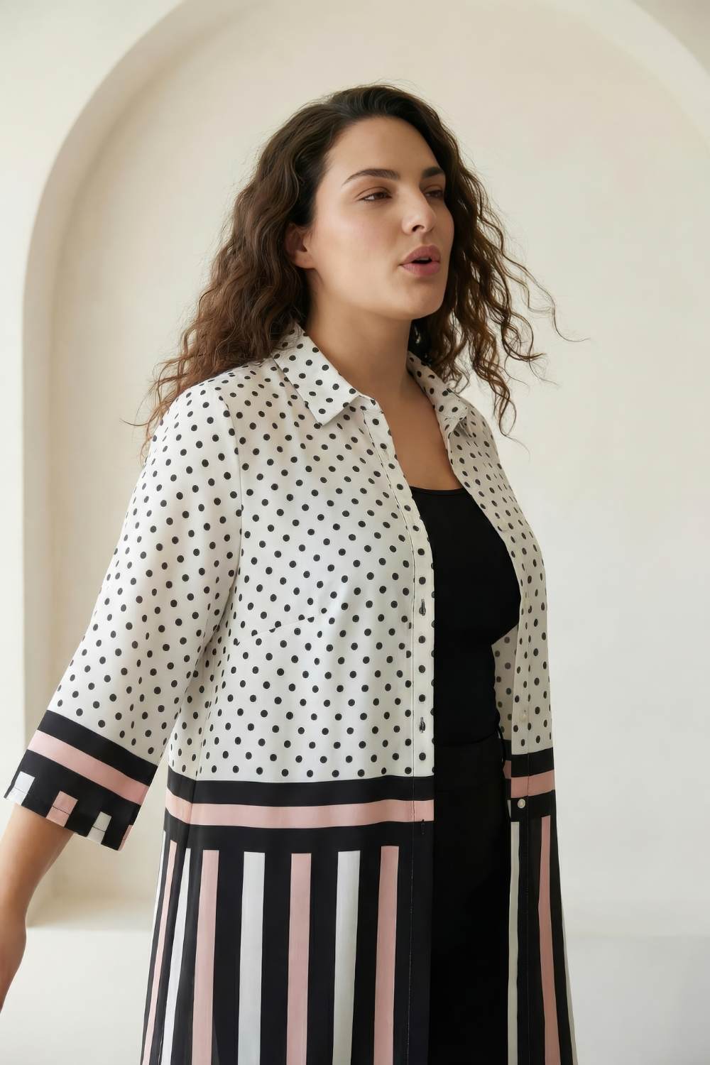 Black Luxe Polka Stripes Kurta Cum Shrug