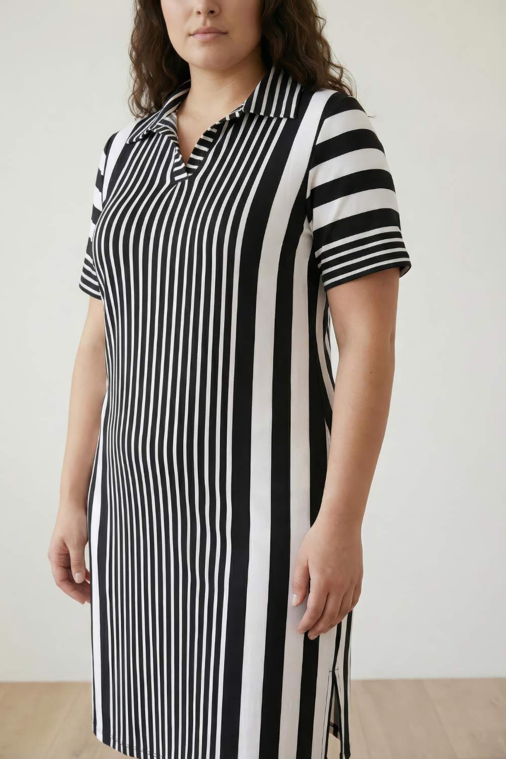 Plus Size Black White Stripe Printed Polo Dress