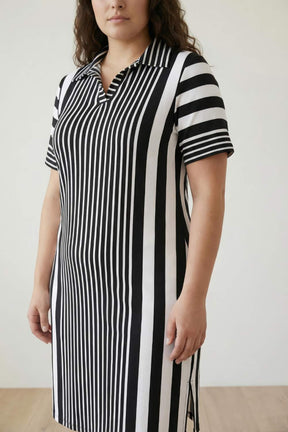 Black White Stripe Printed Polo Dress