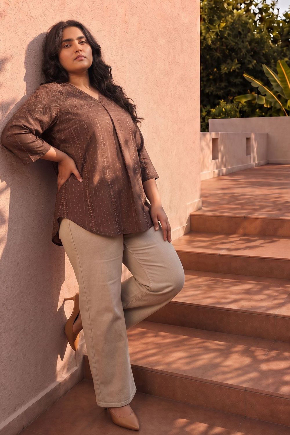 Buy Plus Size Brown Print Top