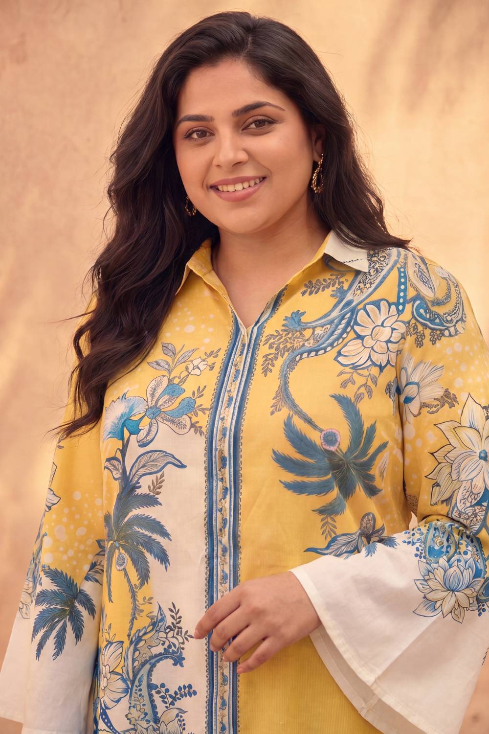 Plus Size Yellow Floral Printed Cotton Top for Women