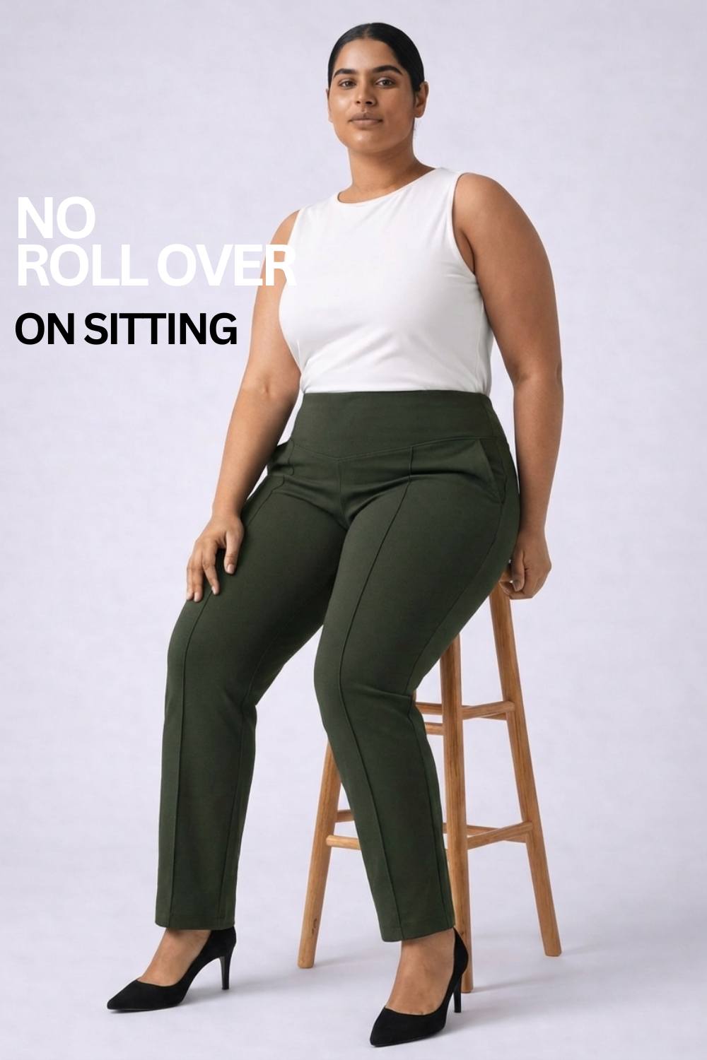 Comfortable Plus Size Olive Tummy Shaper Straight Fit Pants