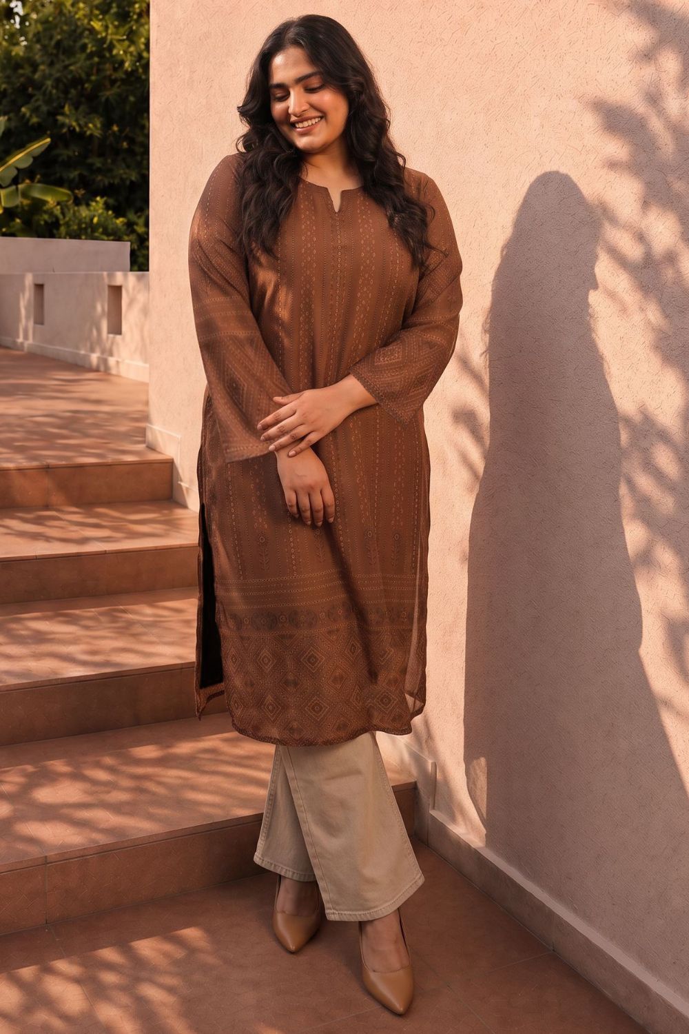 Buy Plus Size Brown Ethnic Print Georgette Kurta