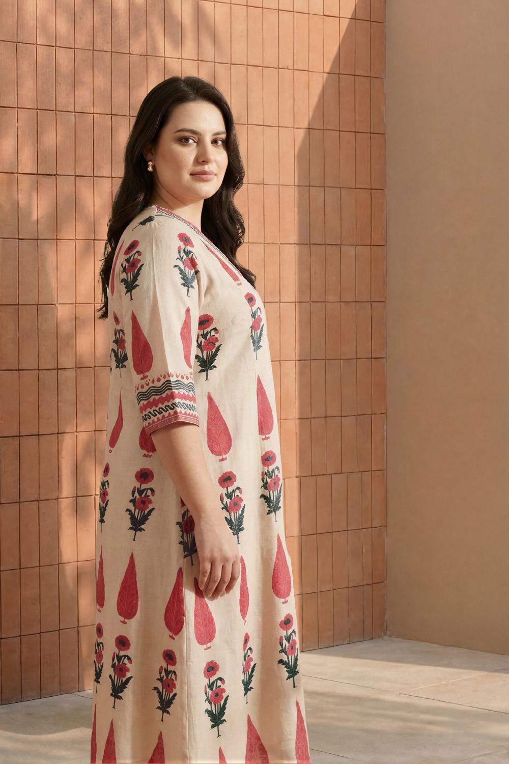 Plus Size Plus Size Beige Floral Buta Print Cotton Midi Dress