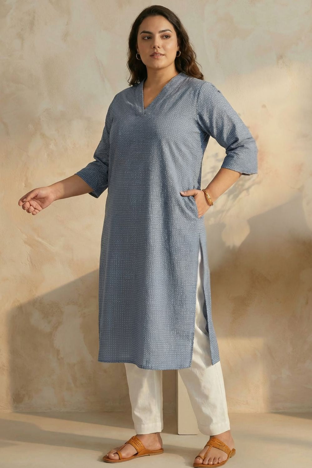 Plus Size Mid Blue Cross Weave Denim Cotton Kurta for Women