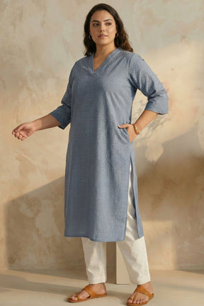 Plus Size Mid Blue Cross Weave Denim Cotton Kurta