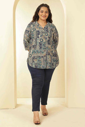 Plus Size Blue Ethnic Print Cuban Collar Rayon Muslin Shirt