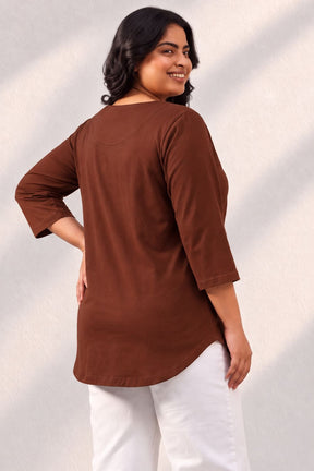 Plus Size SoftEase V Neck Brown Cotton Top