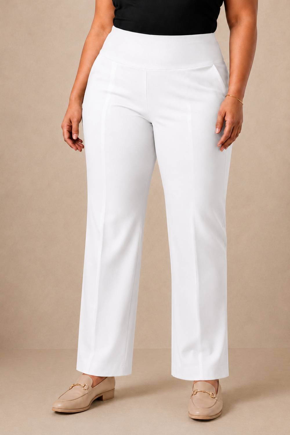Comfortable White Tummy Shaping Wide Straight Pants
