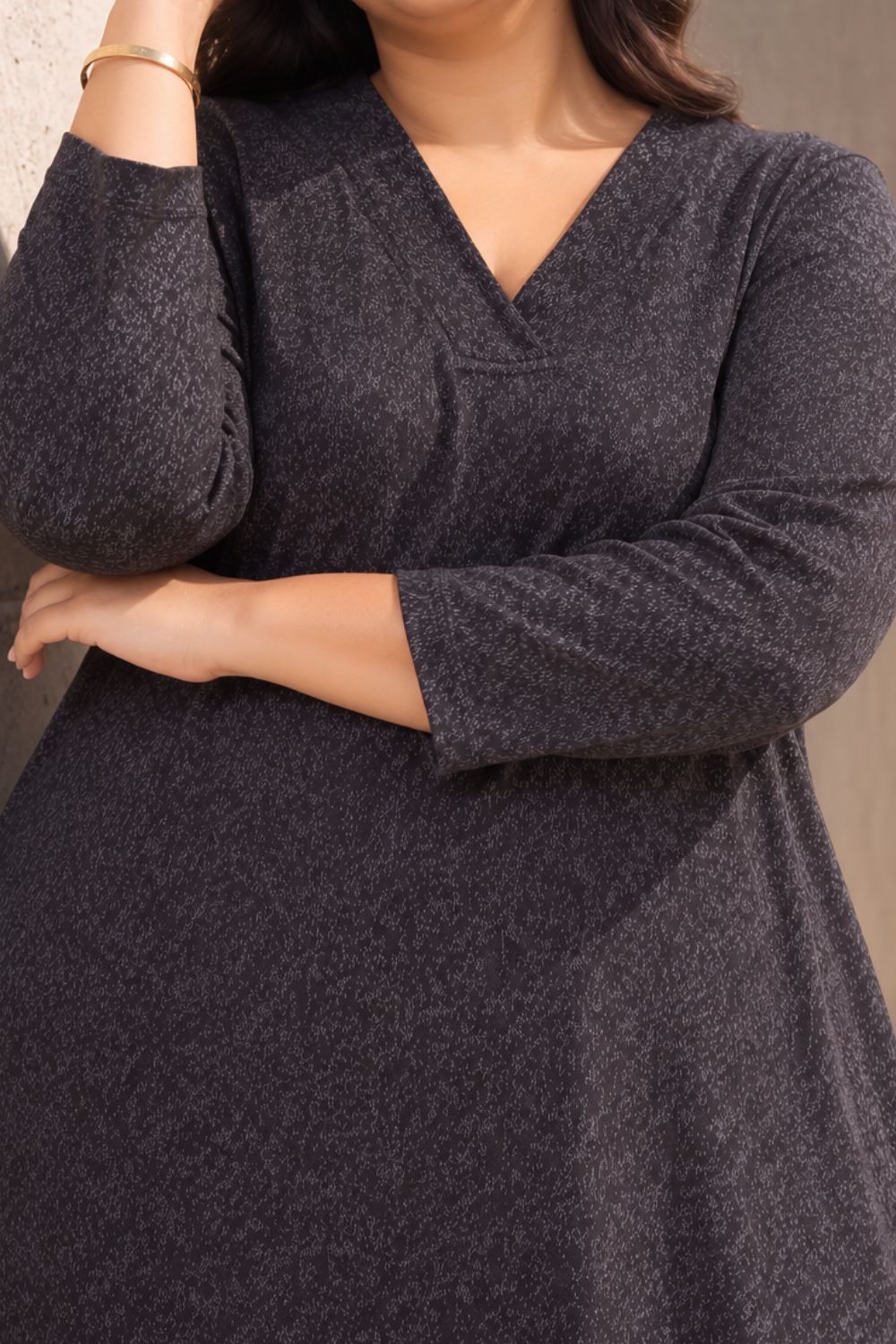 Comfortable Plus Size Charcoal Grey V Neck SnugWeave™ Winter Kurta