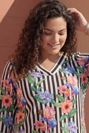 Plus Size Black Floral Stripes Top