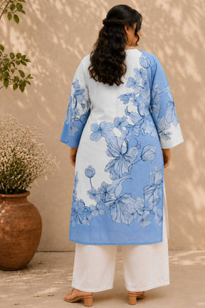 Plus Size Blue Floral Print Cotton Kurti