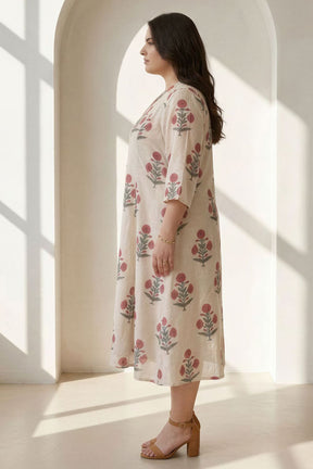 Plus Size Beige Floral Printed Cotton Midi Dress