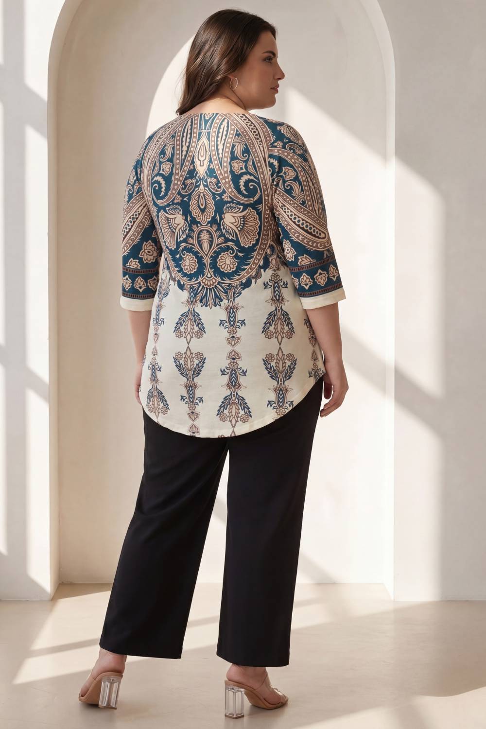 Comfortable Plus Size Cream Luxe Ethnic Print Centre Pleat Top
