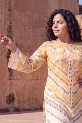 Plus Size Beige Floral Geometric Print Cotton Kurta Coord Set