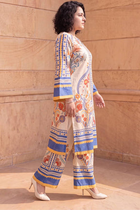 Plus Size Beige Ethnic Floral Print Cotton Kurta Coord Set