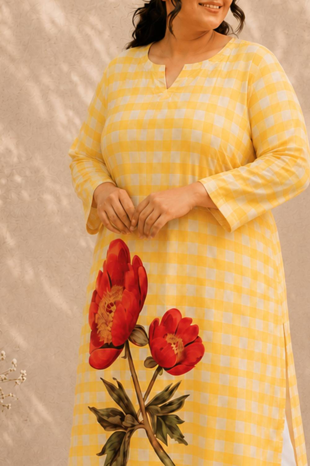 Comfortable Plus Size Yellow Gingham Floral Print cotton Kurta