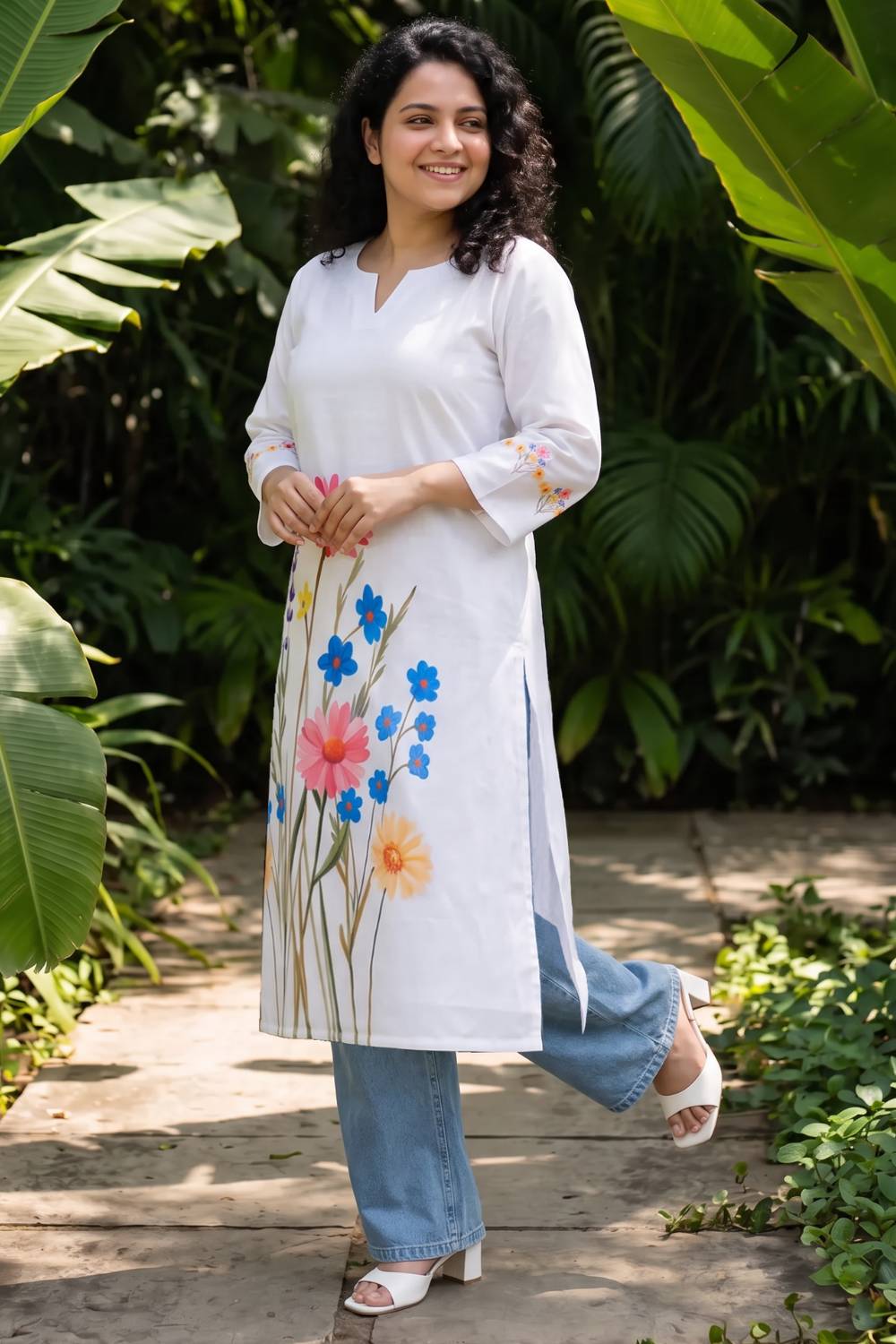 Comfortable Plus Size White Floral Printed Cotton Kurta