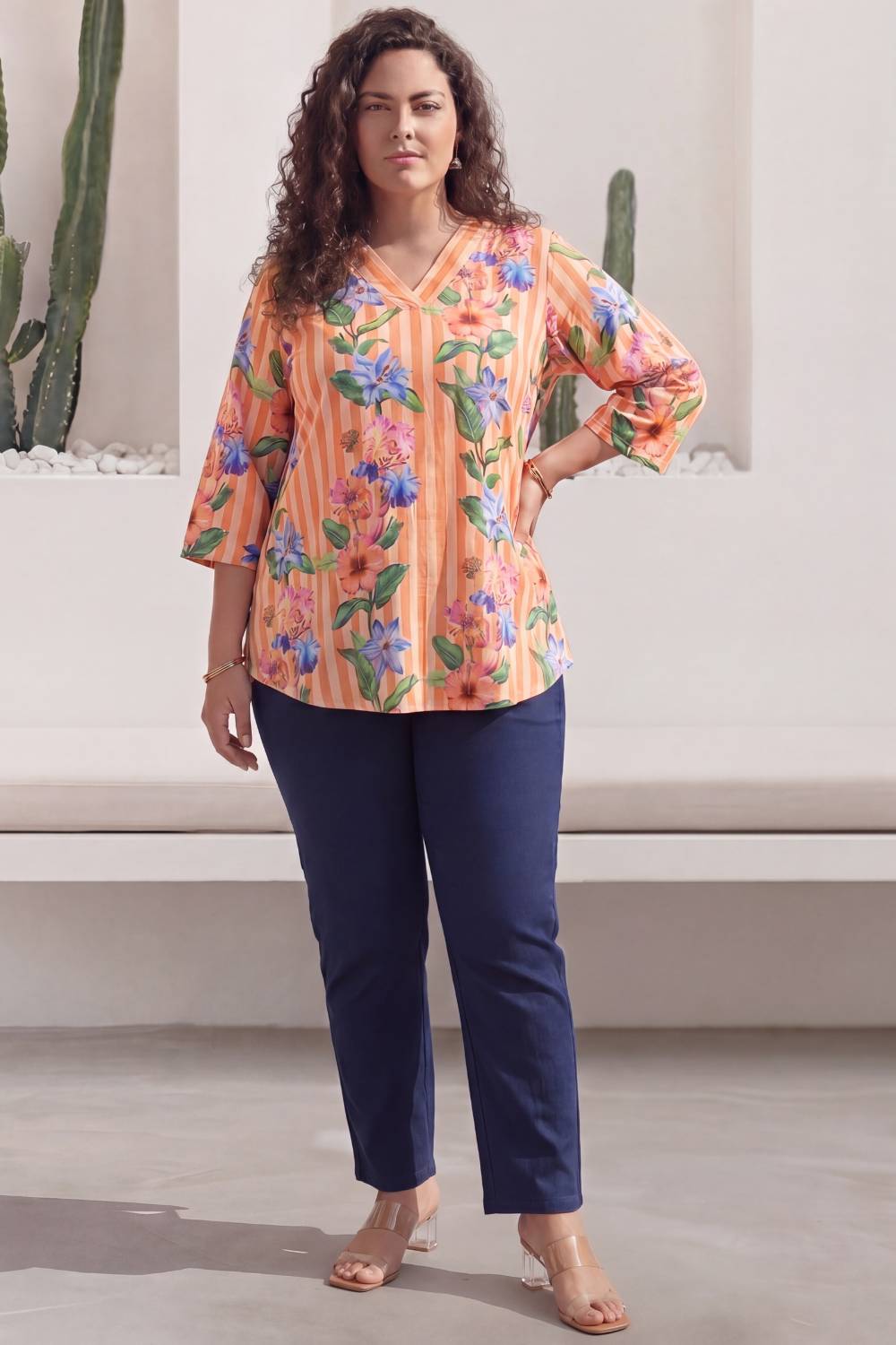 Plus Size Plus Size Orange Floral Stripes Top