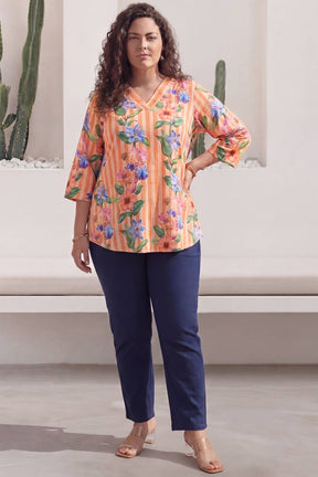 Plus Size Orange Floral Stripes Top