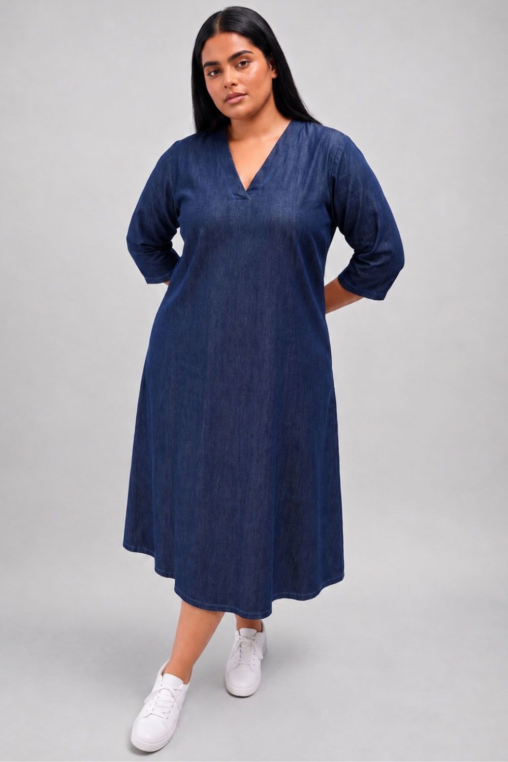 Plus Size Indigo Blue Denim Cotton A-Line Dress